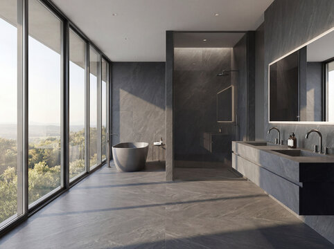 A modern, minimalist Scandinavian interior design featuring large-format porcelain tiles and marble. Beautiful lighting and large floor-to-ceiling windows.