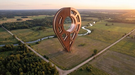 Aerial view of rural land parcel with modern location pin icon design