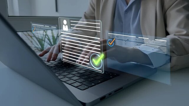 Employee approval process management.Digital documents with check marks verified staff records and online HR management.