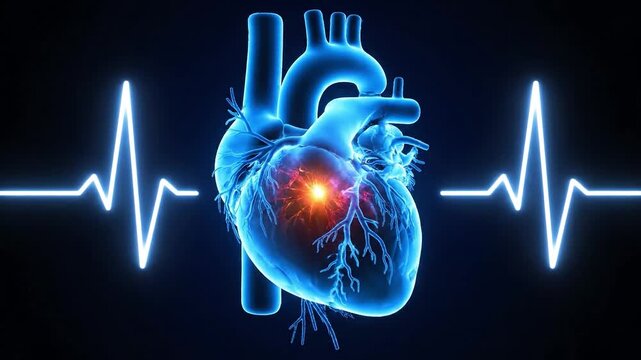Anatomical illustration of a human heart with a glowing red spot indicating a congenital heart disorder, set against a dark background with a pulsing ECG line, representing the cardiovascular system.