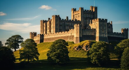 Majestic stone castle atop a grassy hill under a blue sky, surrounded by trees
