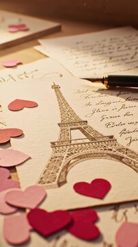 Romantic Parisian Postcard Scene with Eiffel Tower Sketch and Pink Hearts Among Handwritten Notes Across Vintage Paper