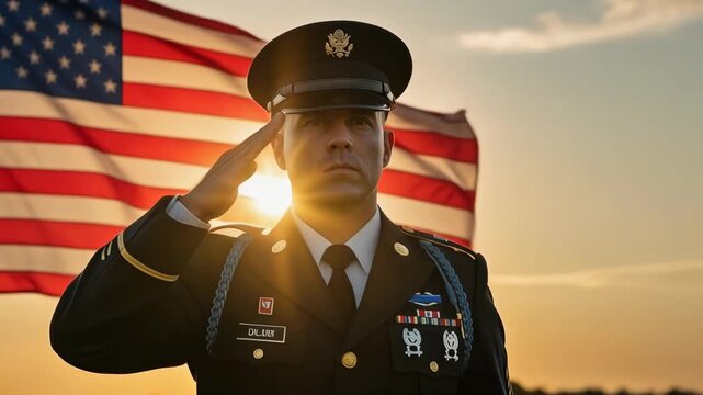 American Soldier Saluting in Front of the United States Flag at Sunset.