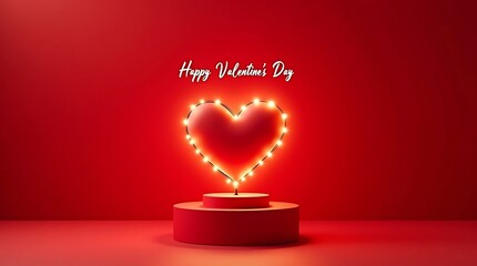 Valentine's day sale banner background with red stage product display cylindrical shape and Retro light bulbs heart shape sign background