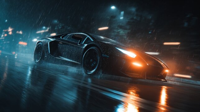 Black Lamborghini is driving down a wet road at night. The car is surrounded by bright lights, creating a sense of danger and excitement. The scene is set in a city