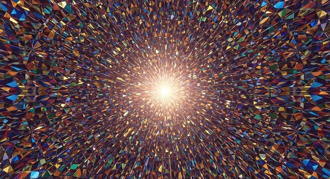 Abstract light bursts from colorful faceted kaleidoscope pattern