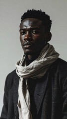 A young black man in a dark jacket and light scarf poses against a gray background