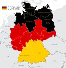 Fototapeta premium Political map of Germany with federal states in the colors of the national flag