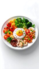 A white plate filled with various colorful foods, including a fried egg