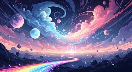 Surreal dreamscape illustration featuring luminous pastel clouds, floating celestial orbs, and a winding iridescent pathway leading toward a glowing gateway, soft neon lighting, painterly fantasy styl