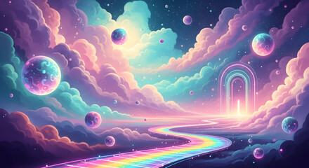 Surreal dreamscape illustration featuring luminous pastel clouds, floating celestial orbs, and a winding iridescent pathway leading toward a glowing gateway, soft neon lighting, painterly fantasy styl