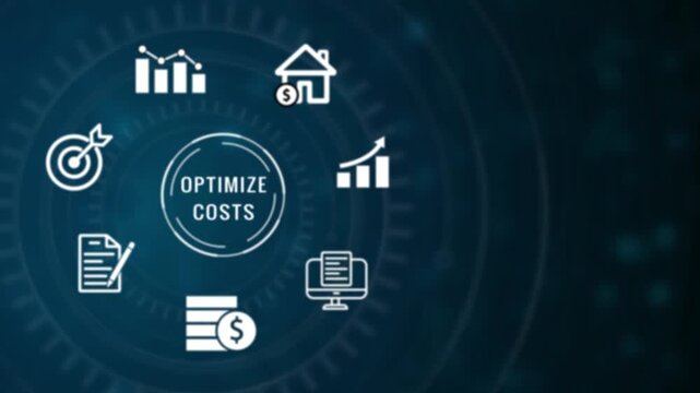 Conceptual infographic on cost optimization featuring for goals charts documents money and housing within a circular technological interface on a dark blue background with digital effects