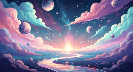 Surreal dreamscape illustration featuring luminous pastel clouds, floating celestial orbs, and a winding iridescent pathway leading toward a glowing gateway, soft neon lighting, painterly fantasy styl