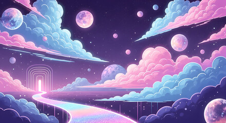 Surreal dreamscape illustration featuring luminous pastel clouds, floating celestial orbs, and a winding iridescent pathway leading toward a glowing gateway, soft neon lighting, painterly fantasy styl