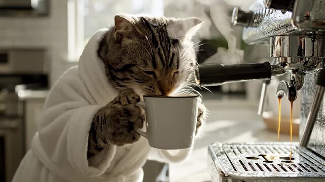 Funny tabby cat in bathrobe making espresso coffee