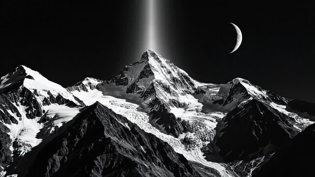 Snowcapped mountains illuminated by moonlight and celestial beam in a serene night landscape viewed from a distant vantage point