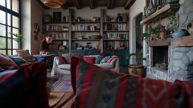 Cozy bohemian interior living room with colorful patterned textiles, large windows, built-in bookshelves and a fireplace, warm natural light