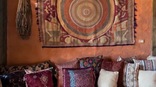 Cozy bohemian interior seating nook with layered patterned cushions and woven wall tapestry in warm earthy tones