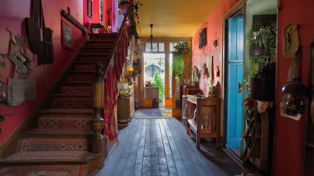 Bright eclectic bohemian interior hallway with wooden staircase, colorful walls, and plants, leading to a sunlit entrance; warm cozy vintage interior.