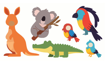 Obraz premium Cute Australian Animal Cartoon Characters Flat Vector Set for Kids