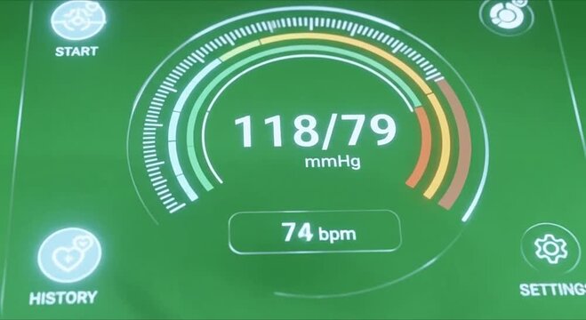 Digital blood pressure monitor display showing 118/79 mmHg and 74 bpm heart rate on a green background.