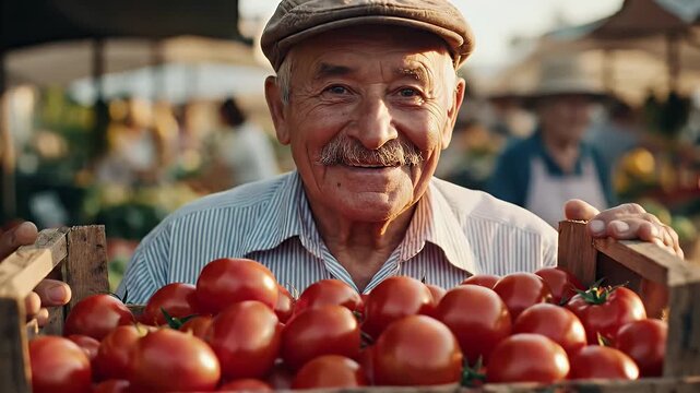Smiling elderly market vendor proudly presenting crates of fresh apples at a busy outdoor market