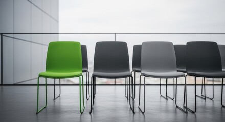 Obraz premium Modern office space with a row of chairs, one green, others grey. Exterior view