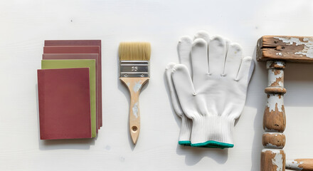 Furniture Flip Tools Flat Lay with Sandpaper, Paint Brush and Gloves, Restoration Process and Maker Economy Concept