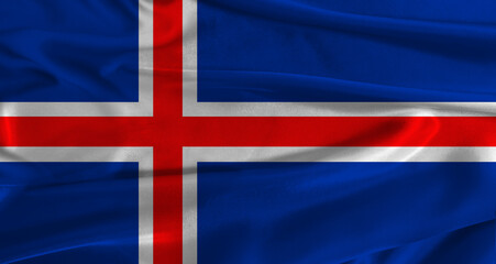 Fototapeta premium Flag of Iceland with fabric textured background. Close up of National flag of Iceland with realistic texture