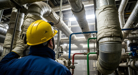Engineer Inspecting Industrial Pipes in Modern Factory, Water Conservation System and Maintenance Concept