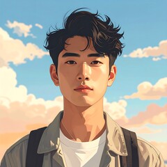 A young man with dark hair and a neutral expression against a serene sky