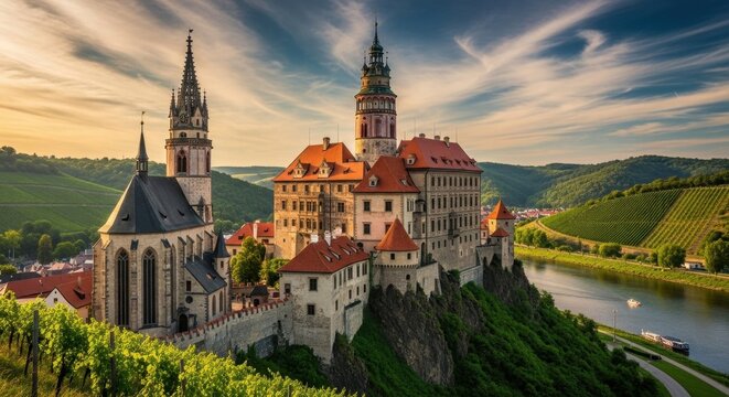 Cesky Krumlov Castle and Church at Sunset - A Historic Czech Republic Landmark.