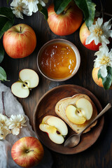 Overhead view of apple jelly served in a bowl with fresh apples and a slice of bread topped with jelly, rustic table