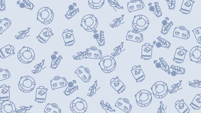 Light blue pattern with swimming and beach item doodles. Ideal for summerthemed designs, beach accessories, swimwear, and vacation promotions.