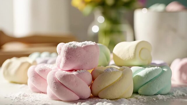 Soft pastel marshmallows scattered on a marble surface with a blurred kitchen background and fresh flowers