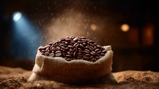 The Journey of Coffee: From Free-Falling Beans to a Richly Filled Sack with Aromatic Beans Ready for Brewing and Enjoyment in a Warm, Inviting Environment