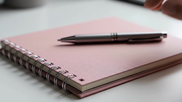 Soft pink spiral notebook with metal coil resting on a glossy white surface
