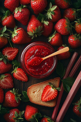 Overhead view of a jar of strawberry rhubarb jam surrounded by fresh strawberries, rhubarb, and a slice of bread with jam spread