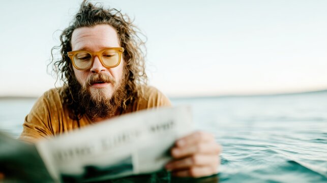 A bearded man in glasses sits calmly in tranquil water, engrossed in reading a newspaper, capturing a moment of relaxation and reflection in a scenic outdoor setting at sunset.