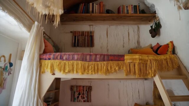 Cozy loft bed with colorful woven blanket and yellow fringe bohemian interior, wooden ladder, bookshelf above, soft curtain, rustic white plaster walls