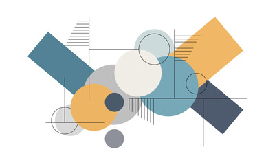 Minimalist Bauhaus Geometric Art Background - Blue and Mustard Circles and Lines Composition