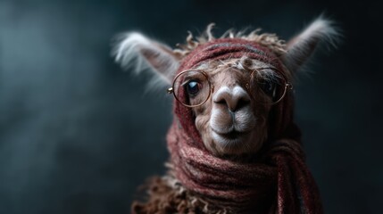Obraz premium A whimsical llama dons a warm scarf and glasses, exuding charm and eccentricity in a captivating portrait that combines humor with a touch of warmth emanating from its character.