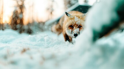Fototapeta premium A playful red fox stealthily navigates through the snow, showcasing its vibrant fur against the pristine white landscape in a scenic winter environment.