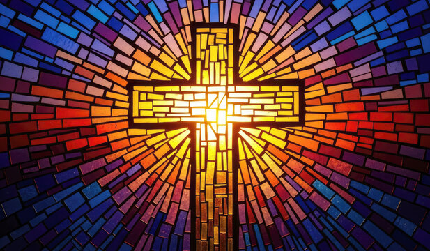 Colorful Stained glass mosaic cross with radiant sunlight. Religious symbol of faith, hope and spirituality.