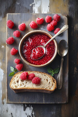 Overhead view of raspberry chia jam served in a bowl, fresh raspberries and a spoonful of jam on bread, rustic kitchen ambiance