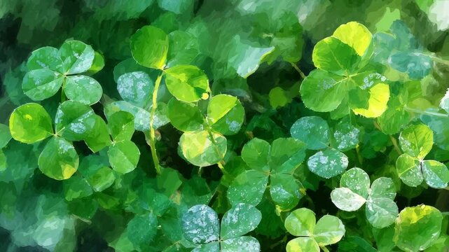 Green clover shamrock plants growing in a lush field, symbolizing luck and nature