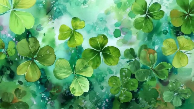 Watercolor painting depicting green shamrocks and clover leaves creating a vibrant abstract background