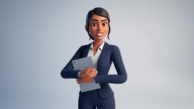 Animated businesswoman presentation holding a tablet on a neutral background