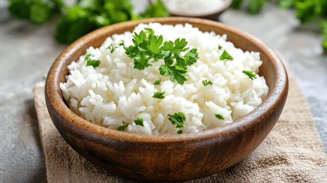 Warm fluffy white rice garnished with fresh parsley served in a wooden bowl