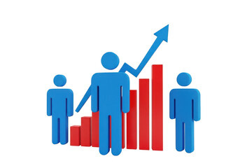 Three blue human figures with one pointing to an upward trend in red bar graph, symbolizing business growth and success strategies isolated on transparent background